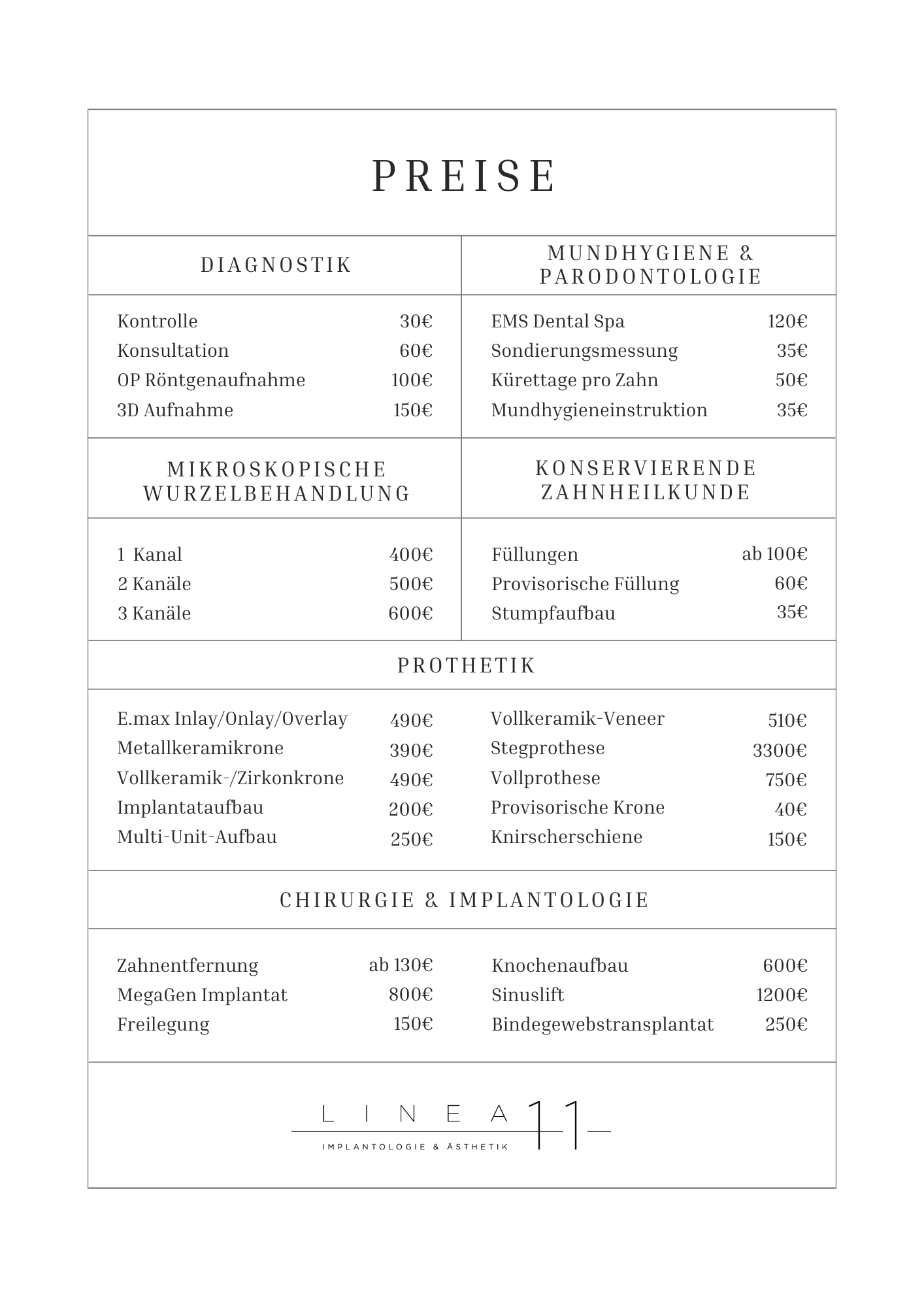 Preisliste Linea11 Dental Sopron, Ungarn